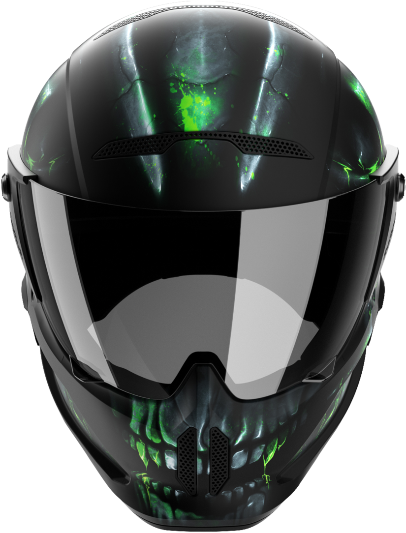 A Black Motorcycle Helmet With Green Skull Design