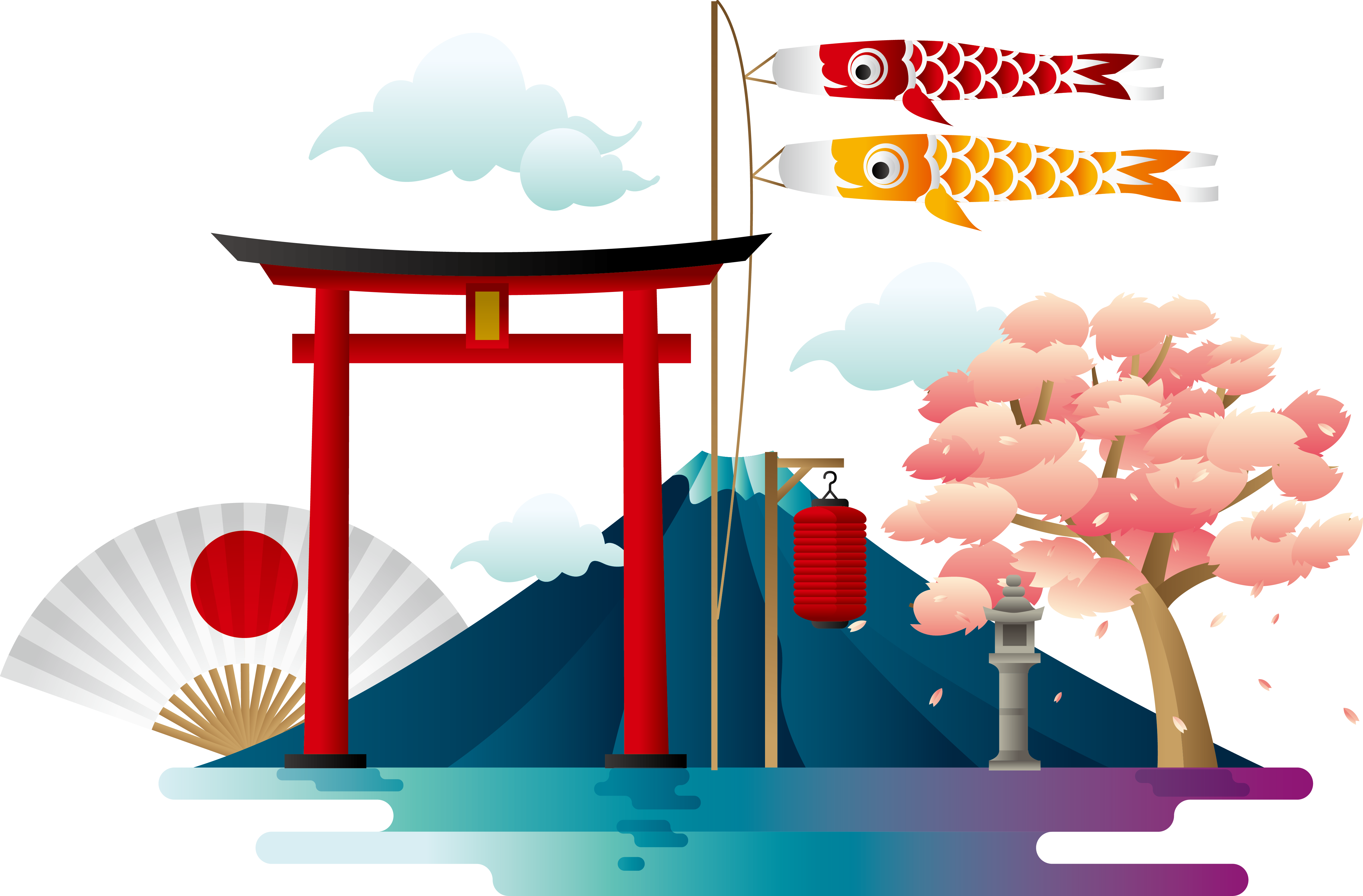 A Japanese Landscape With A Red Arch And Two Fish