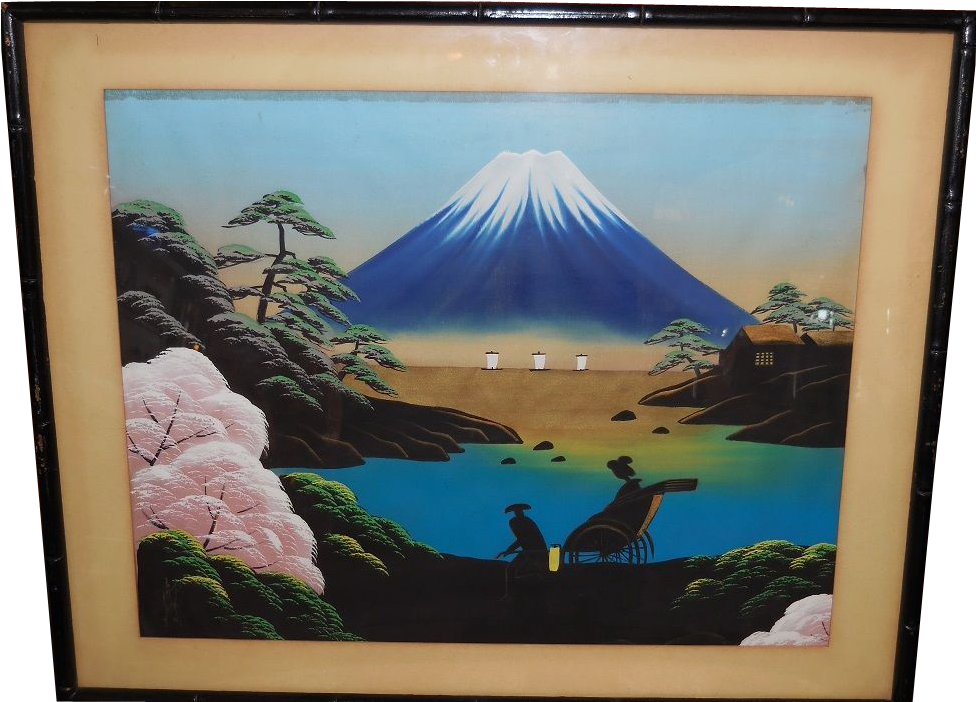 A Painting Of Mount Fuji And A Man On A Boat