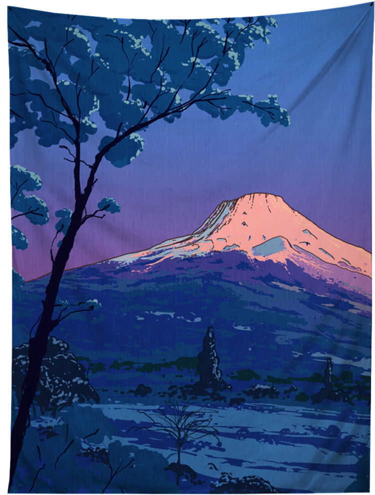 A Painting Of A Mountain With A Tree And A Pink Peak