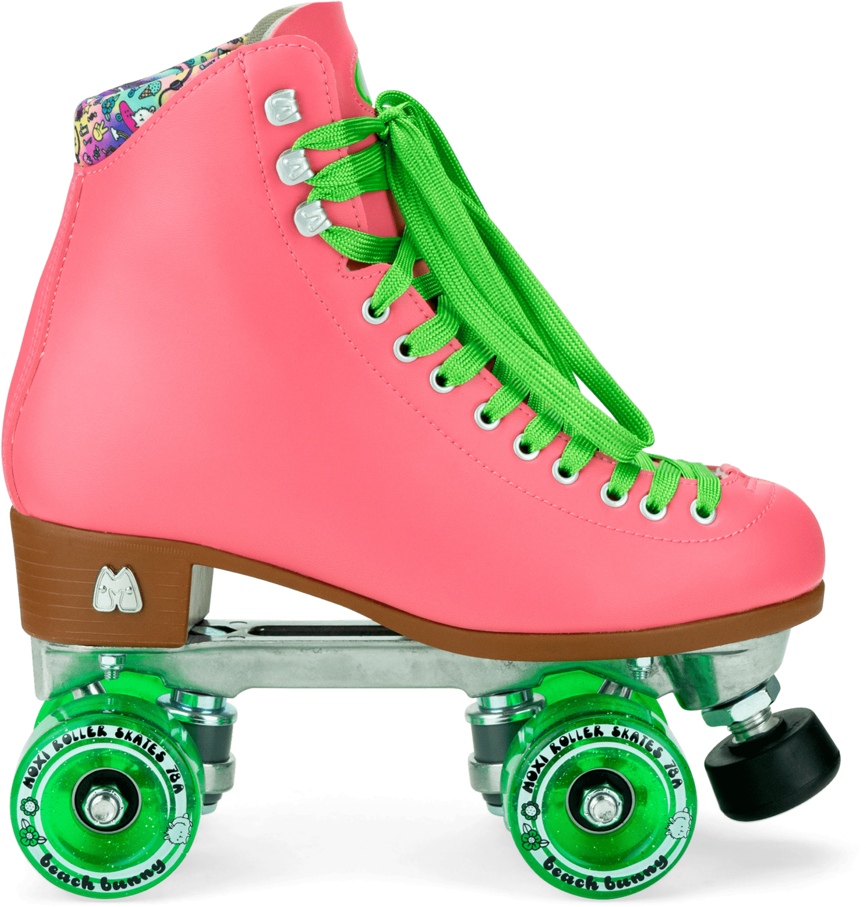 A Pink Roller Skate With Green Wheels