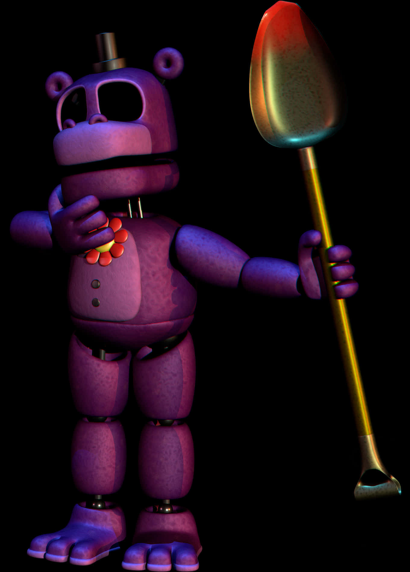 A Purple Toy Character Holding A Golden Spoon