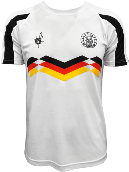 A White Shirt With Black Stripes And A Logo On It