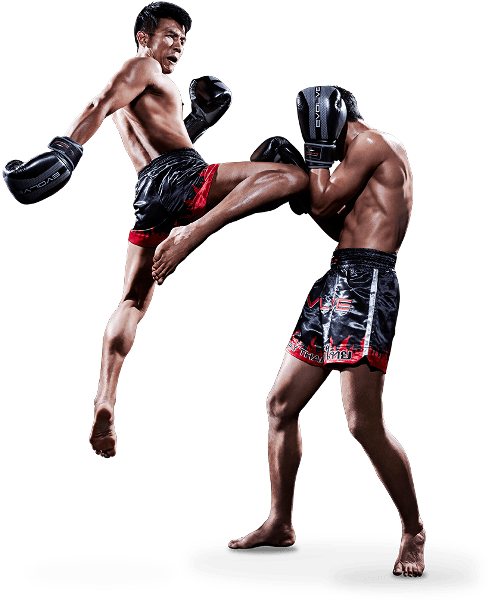 Two Men Wearing Boxing Gloves And Kicking