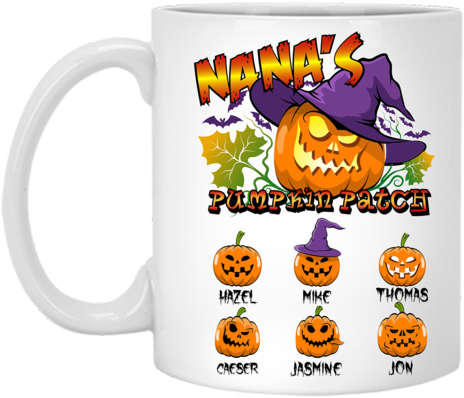 A White Mug With Pumpkins And Names