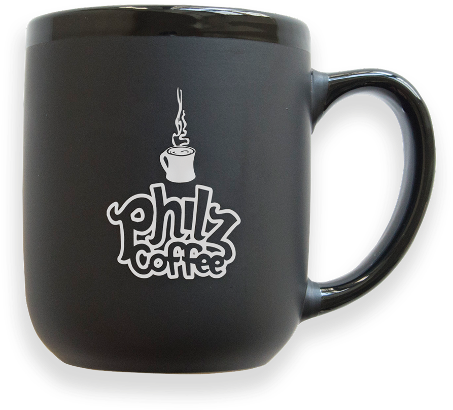 A Black Coffee Mug With A White Logo