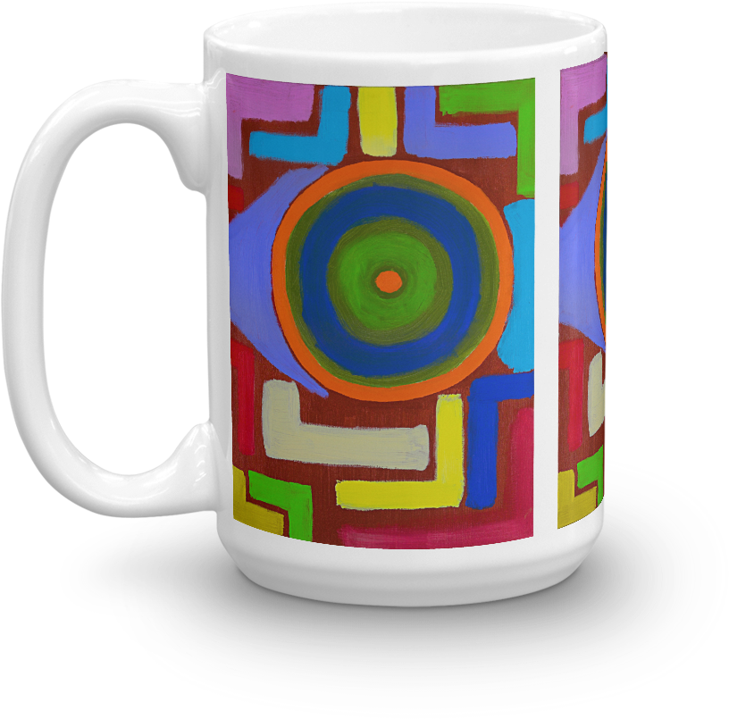 A White Mug With A Colorful Design