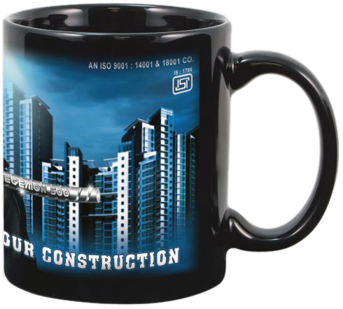 A Black Coffee Mug With A Picture Of Buildings And A Pipe