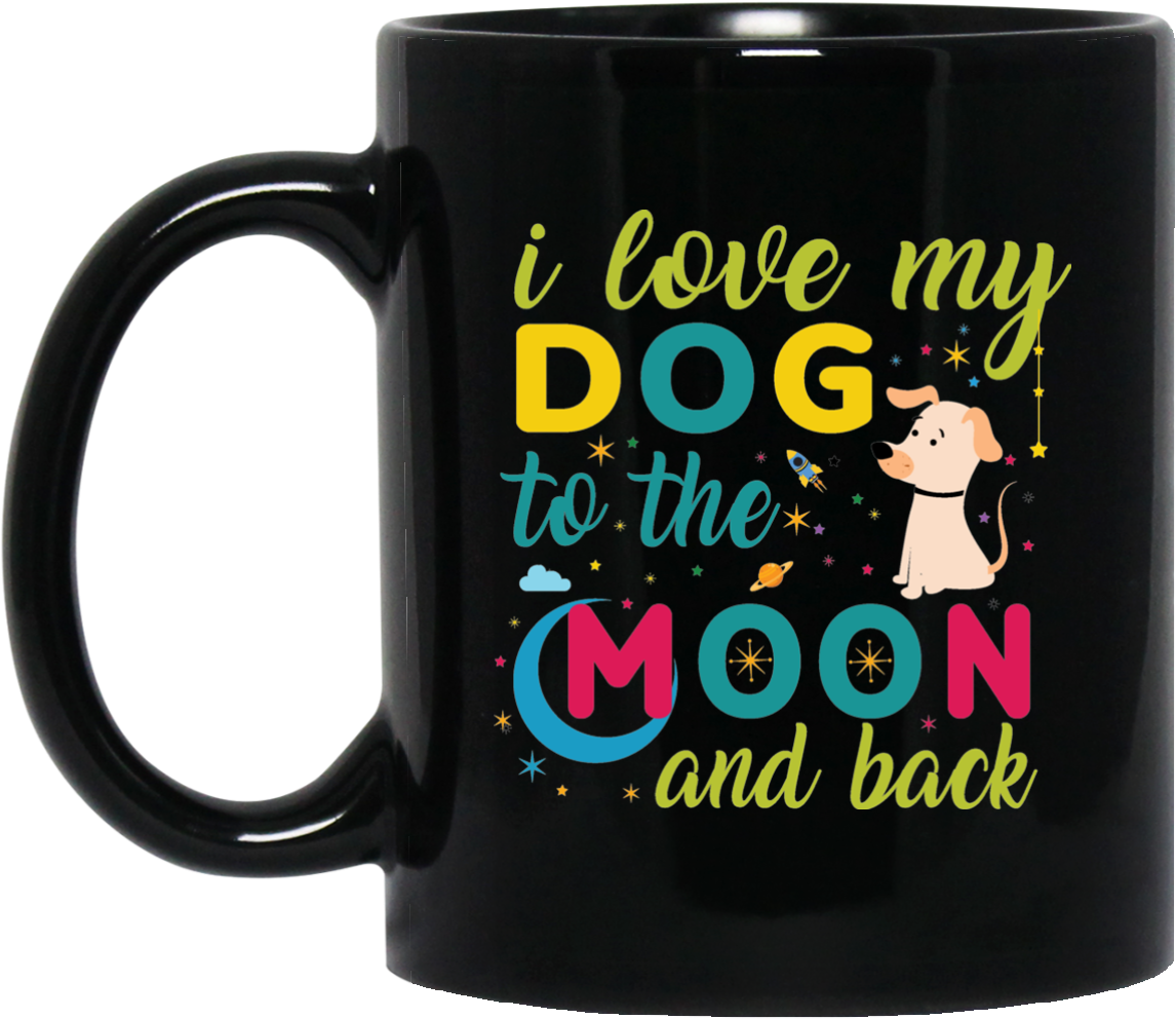 A Black Mug With A Dog And Colorful Text