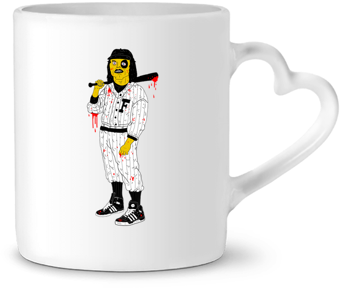 A White Mug With A Cartoon Character Holding A Bat