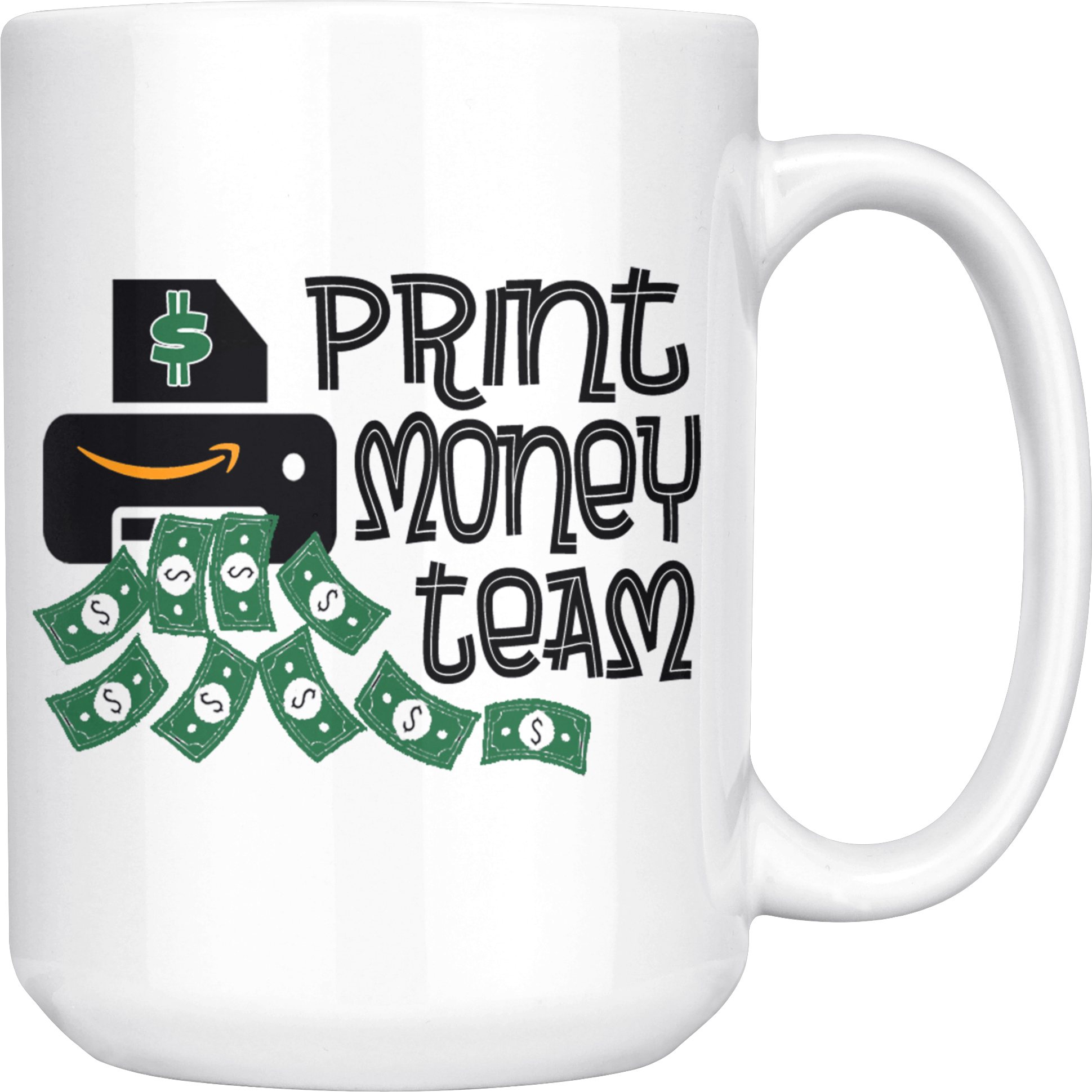 A White Mug With A Logo And Money