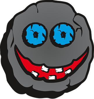 A Cartoon Face With Blue Eyes And Red Teeth