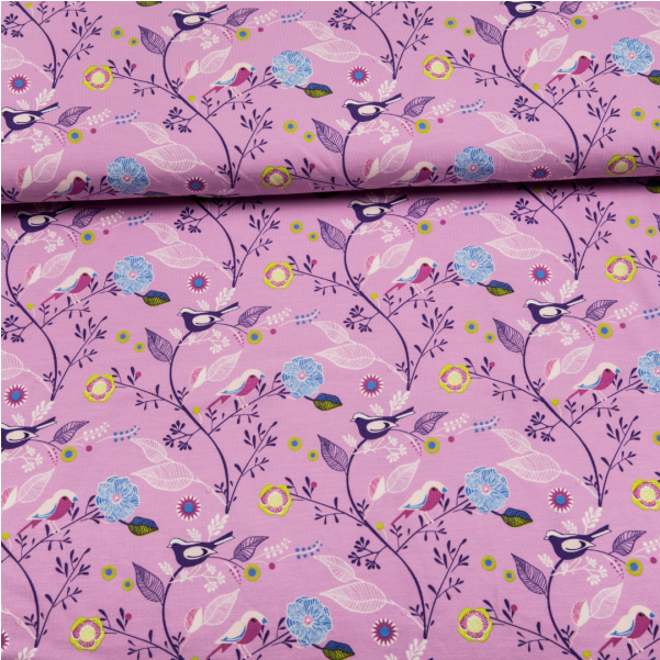 A Pink Fabric With Birds And Flowers