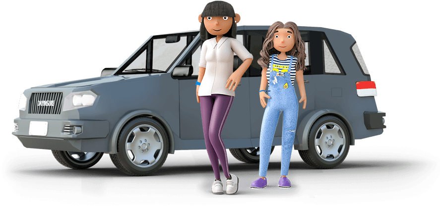 A Couple Of Cartoon Characters Standing Next To A Car