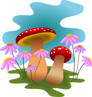 A Group Of Mushrooms With Flowers