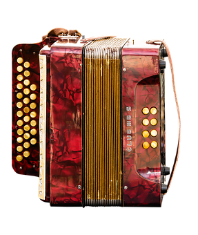 A Red Accordion With Gold Buttons