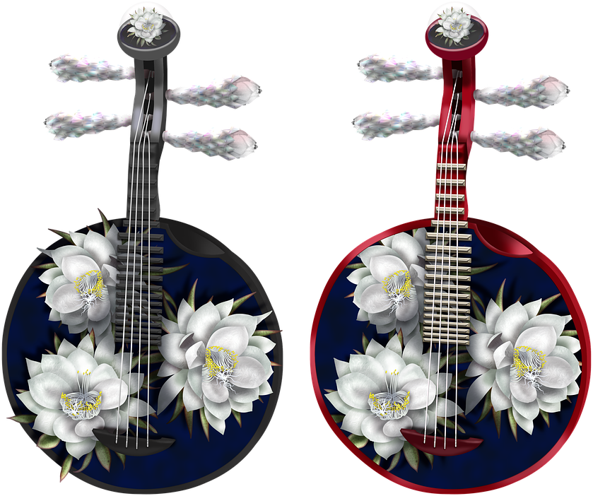 A Couple Of Guitars With Flowers On Them