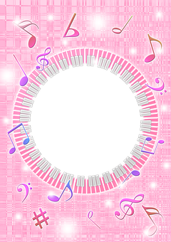 A Pink And White Background With A Circle With Musical Notes