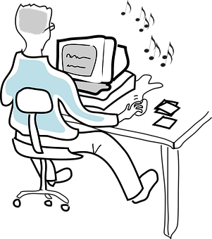 A Cartoon Of A Man Sitting At A Desk With A Computer
