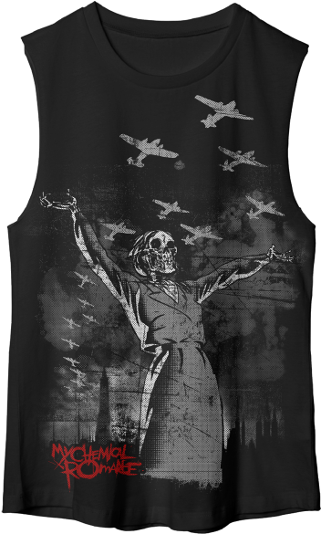 A Black And White Shirt With A Skeleton And Planes Flying In The Sky