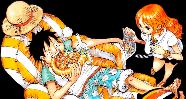 A Cartoon Of A Boy And A Girl Eating Pizza