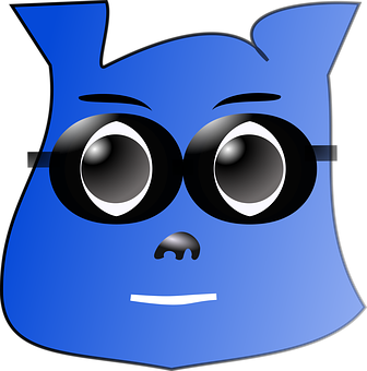 A Blue Cartoon Face With Black Eyes And Glasses