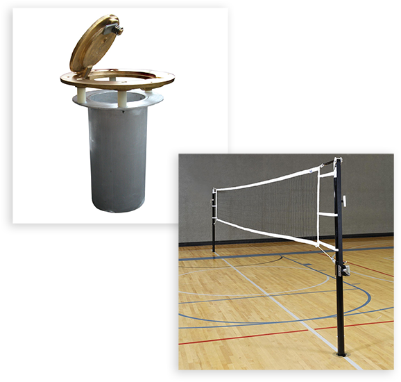 A Volleyball Net And A Trash Can