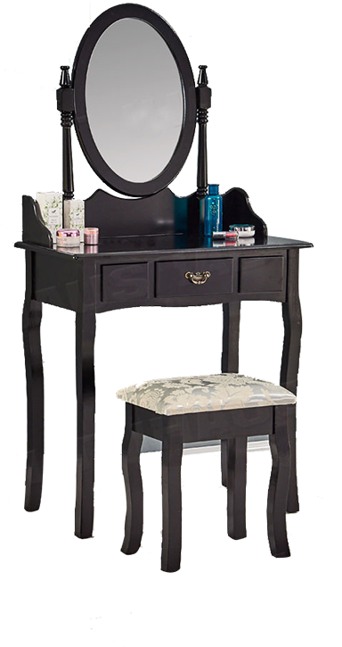A Black Vanity With A Mirror And Stool