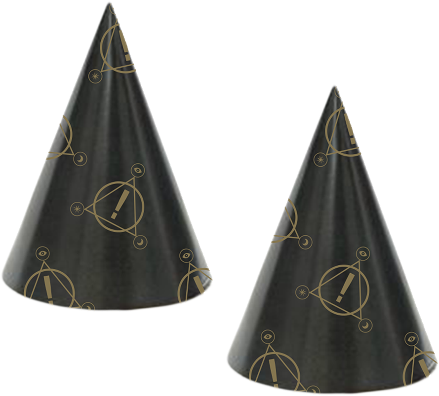 A Pair Of Black Cone Hats With Gold Designs