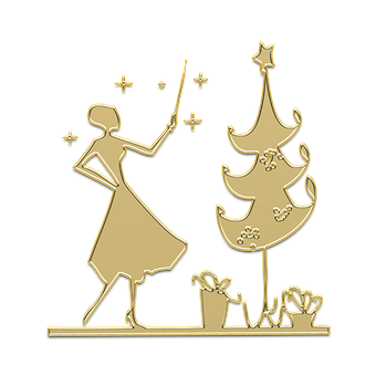 A Gold Outline Of A Woman Holding A Wand Next To A Christmas Tree
