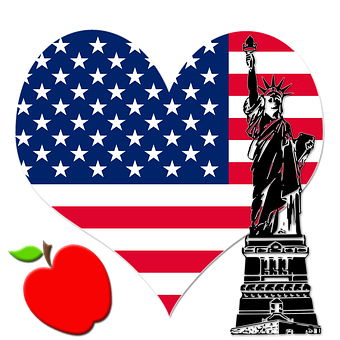 A Heart Shaped Flag With A Statue Of Liberty And An Apple