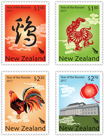 A Group Of Stamps With Roosters And Buildings
