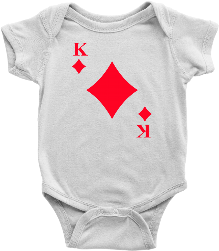 A White Baby Bodysuit With A Red Card On It