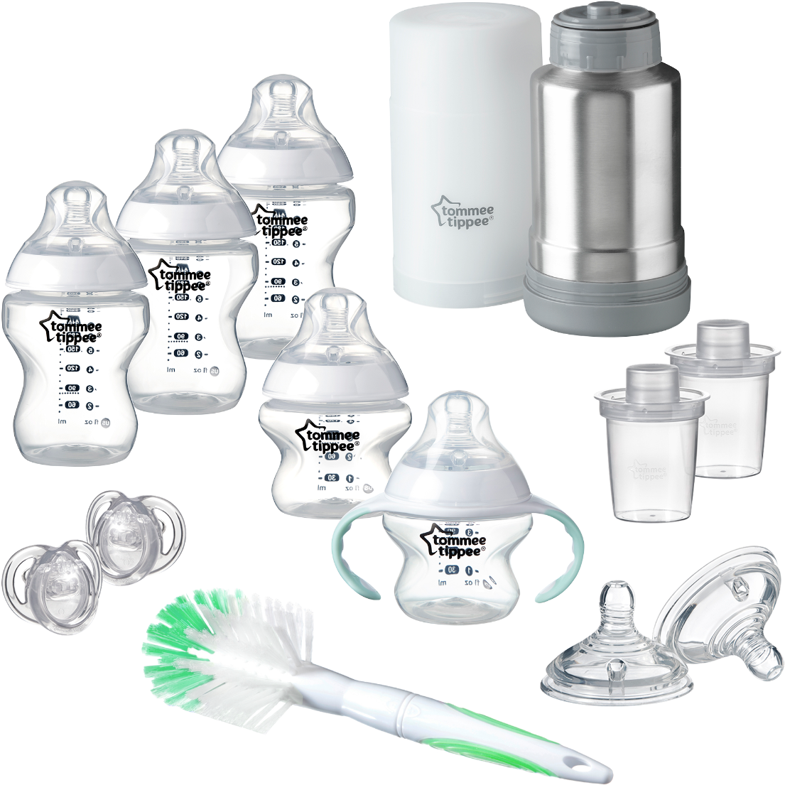 A Group Of Baby Bottles And A Brush