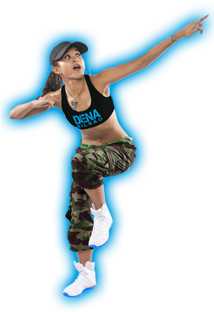 A Woman In A Black Shirt And Cap Jumping In The Air