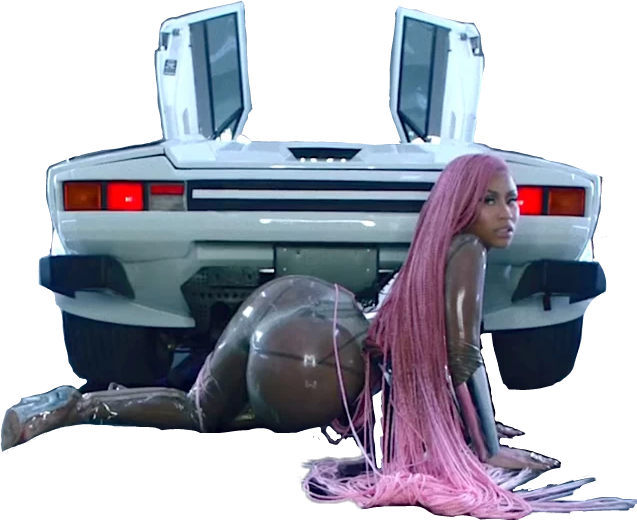 A Woman With Pink Hair And A White Car With Doors Open