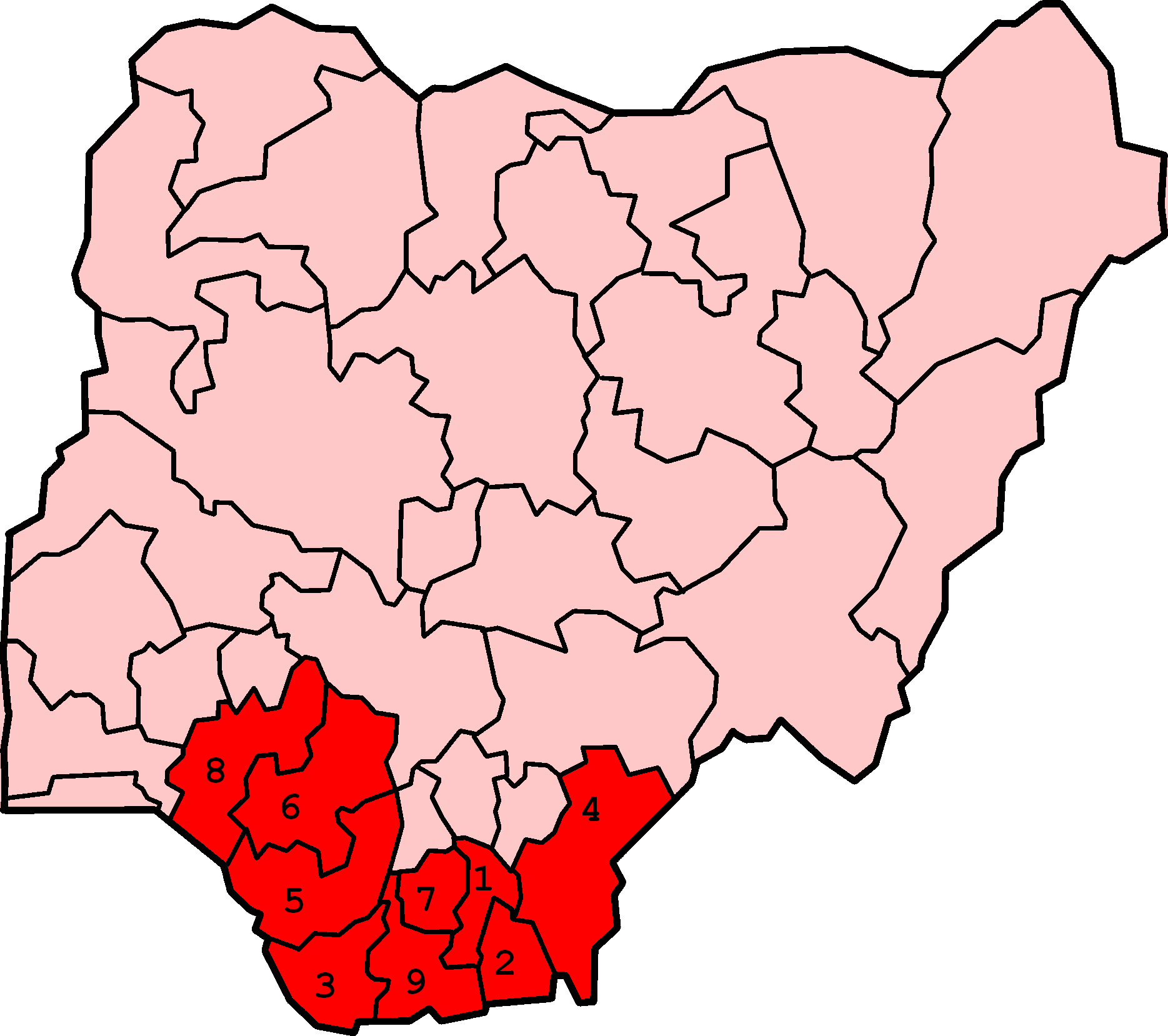 A Map Of Nigeria With Red And Black Lines
