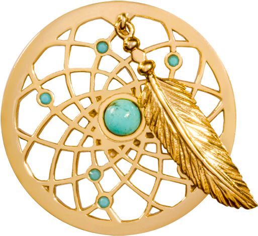 A Gold Feather And Blue Stone In A Circle