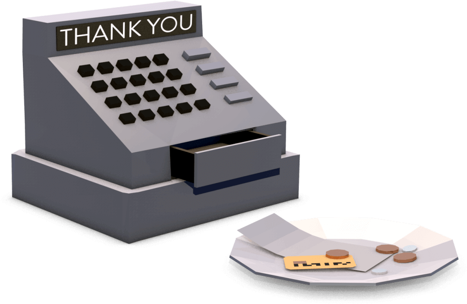 A Cash Register With A Thank You Card And A Plate Of Envelopes
