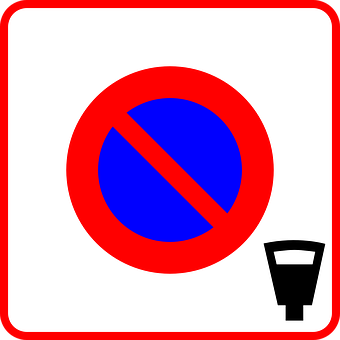 A Red And Blue Sign With A Black Object