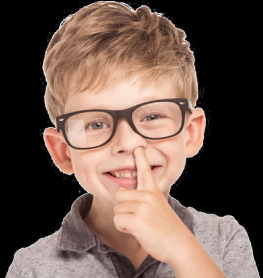 A Boy With Glasses And Finger On Nose