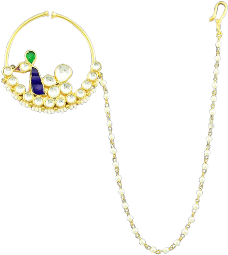 A Gold And Pearl Necklace With A Blue And Green Ring