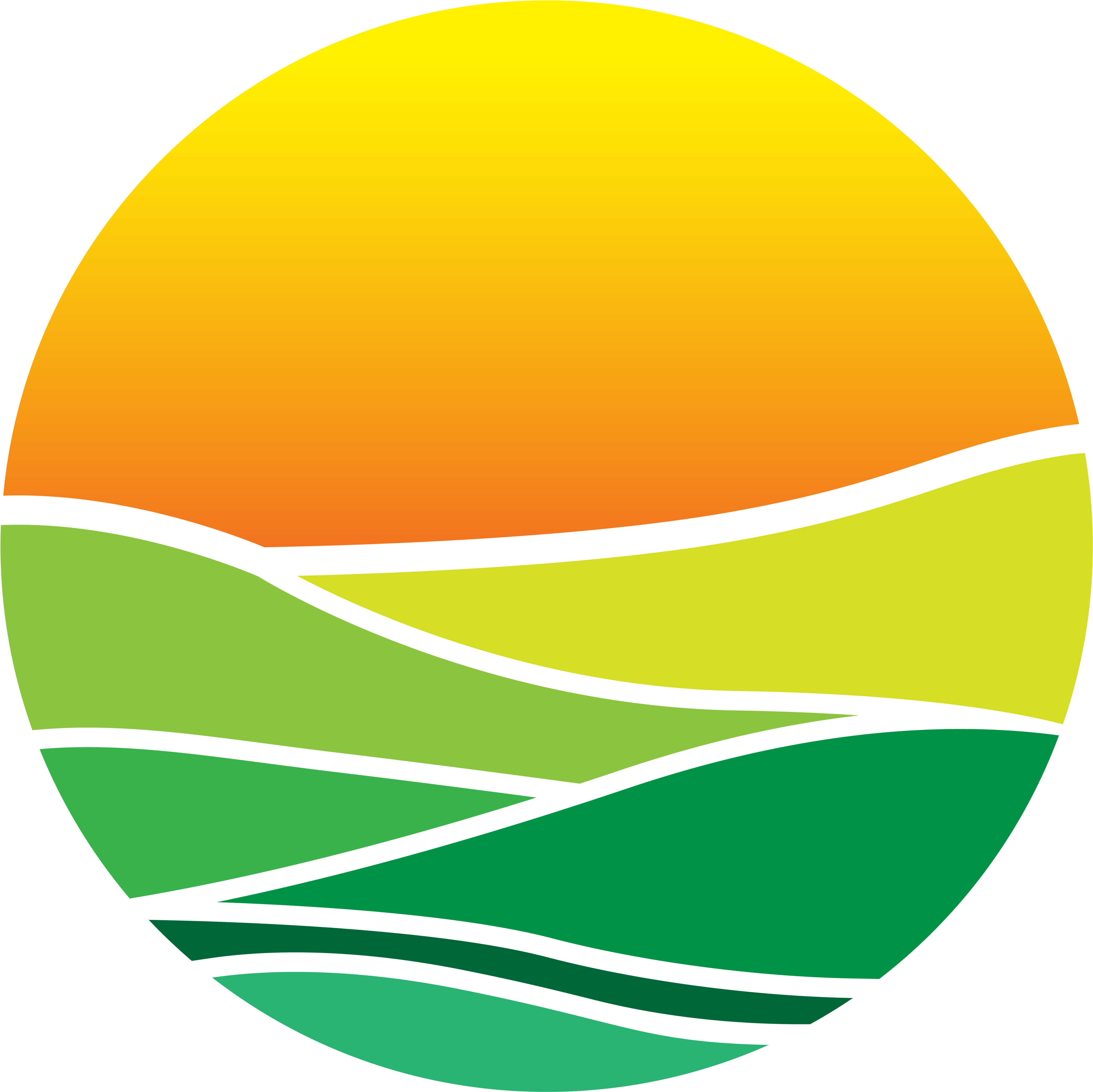 A Circle With A Yellow Sun And Green Hills