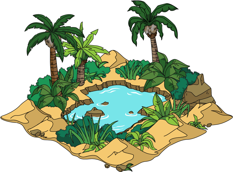 A Cartoon Of A Pond With Palm Trees