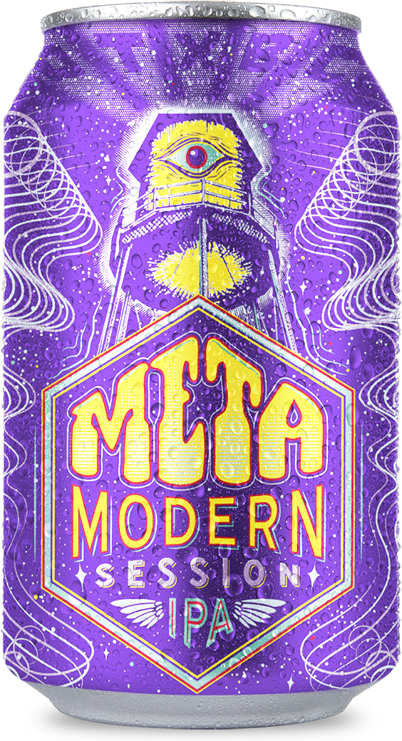 A Purple Beverage Can With Yellow Text And White Text