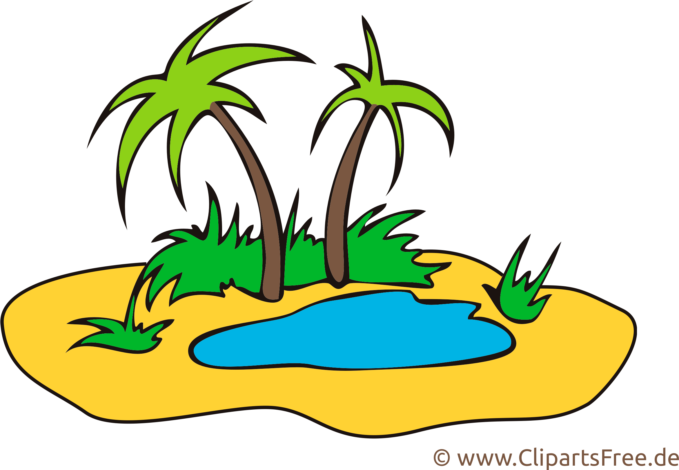 A Cartoon Of Palm Trees And A Small Pond