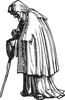 A Black And White Drawing Of A Woman With A Cane