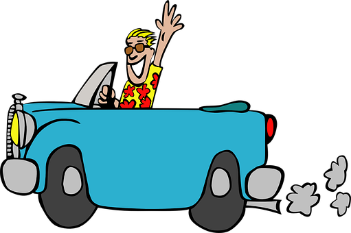 A Cartoon Of A Man Driving A Blue Car