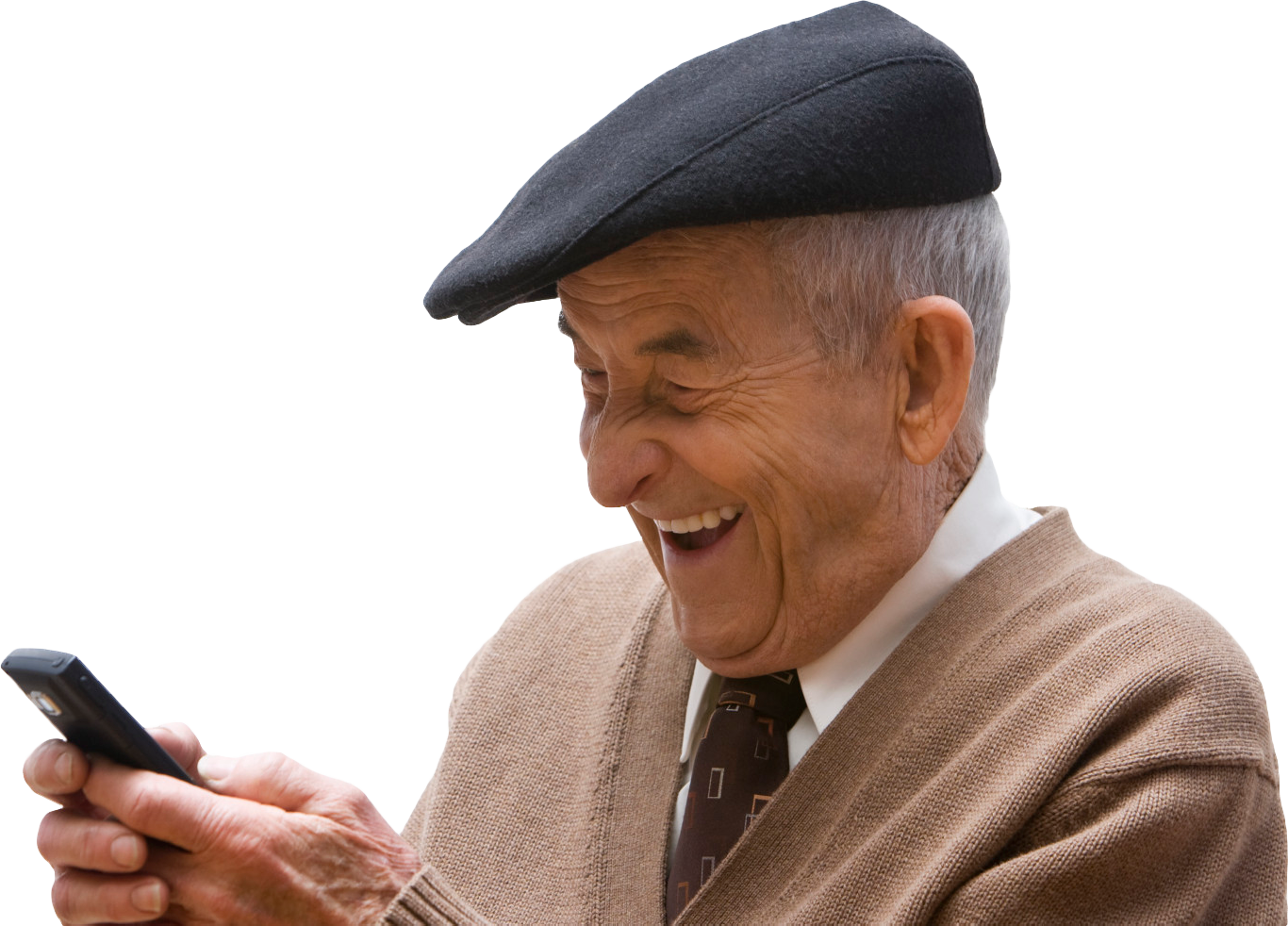 A Man Smiling At His Phone