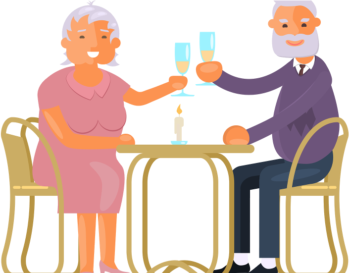 A Man And Woman Sitting At A Table Holding Wine Glasses
